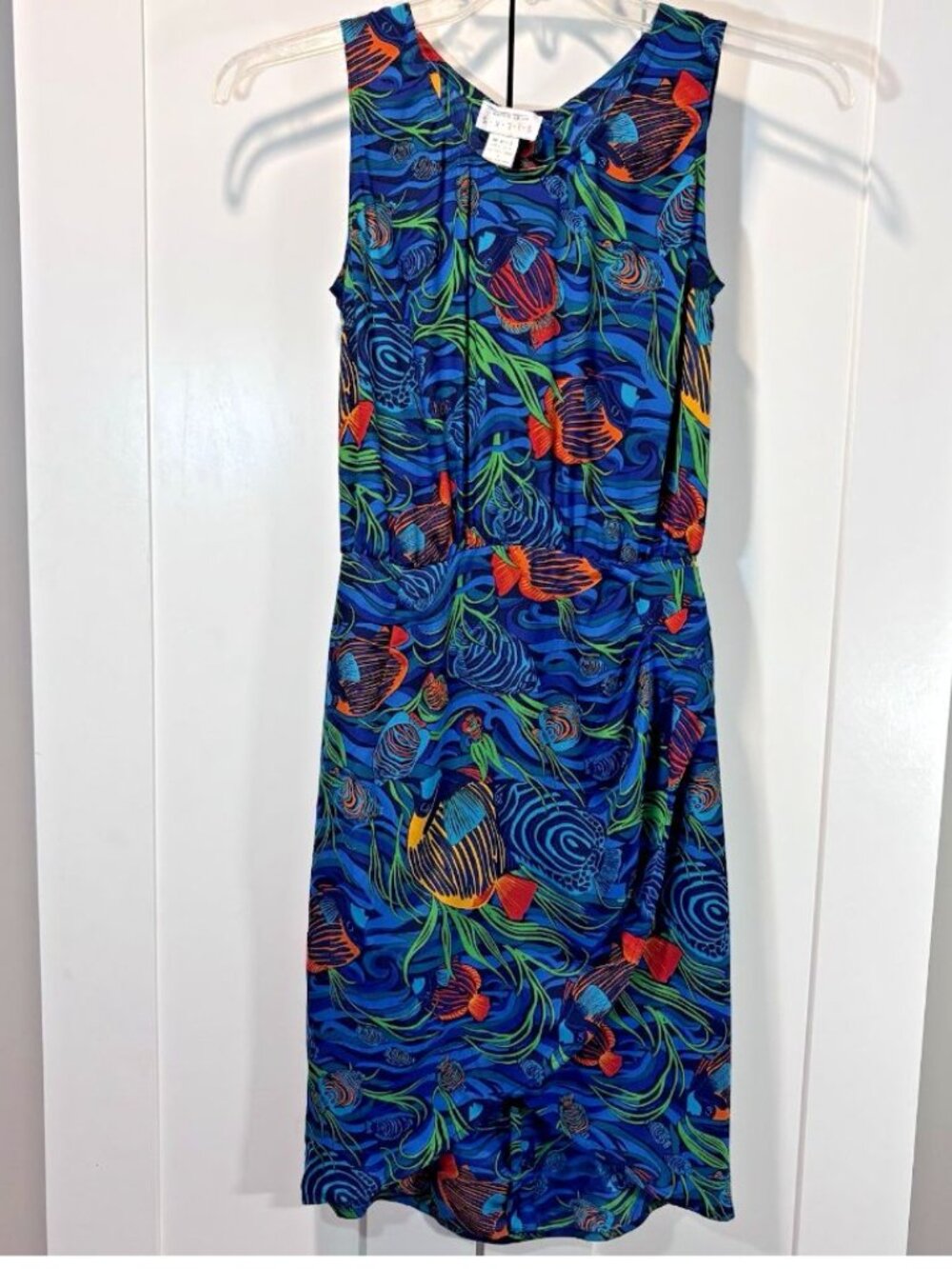 Vintage 100% Silk St. Gillian Tropical Fish Ocean Print Midi Dress Womens 4 90s